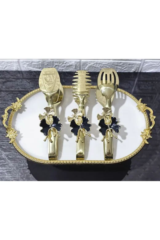 atabey home TYCL8B34MN170125353660002 Gold Servis Maşa Seti 3'lü Siyah Kelebek/makarna/pasta/yemek/sunum Maşası Titanyum