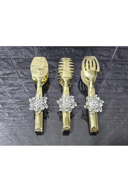 atabey home TYCL8B34MN170125353660002 Gold Servis Maşa Seti 3'lü Gümüş Kristalize Makarna/pasta/yemek/sunum Maşası Titanyum