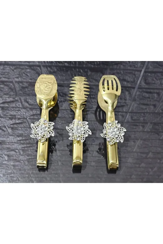 atabey home TYCL8B34MN170125353660002 Gold Servis Maşa Seti 3'lü Gümüş Kristalize Makarna/pasta/yemek/sunum Maşası Titanyum