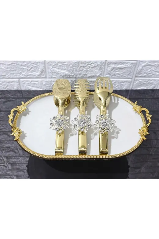 atabey home TYCL8B34MN170125353660002 Gold Servis Maşa Seti 3'lü Gümüş Kristalize Makarna/pasta/yemek/sunum Maşası Titanyum