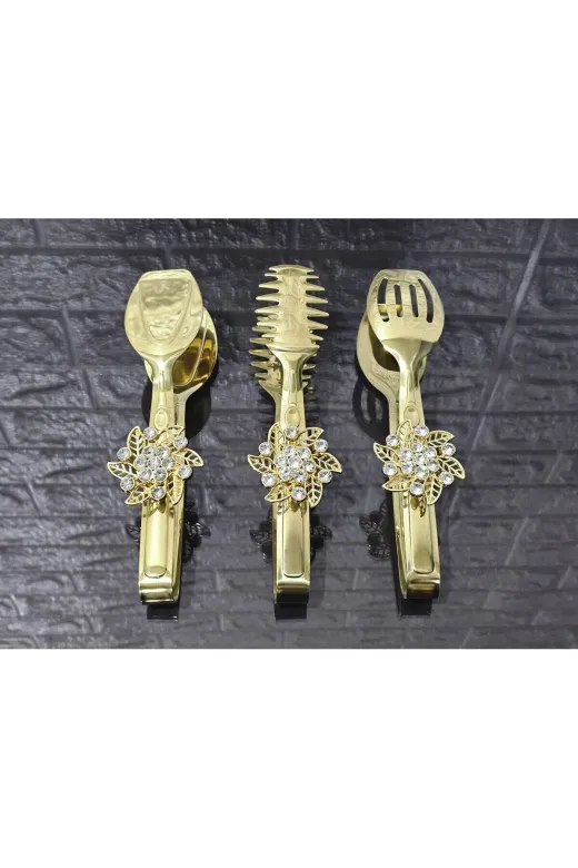 atabey home TYCL8B34MN170125353660002 Gold Servis Maşa Seti 3'lü Gold Kristalize Makarna/pasta/yemek/sunum Maşası Titanyum