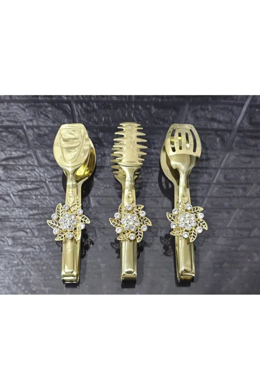 atabey home TYCL8B34MN170125353660002 Gold Servis Maşa Seti 3'lü Gold Kristalize Makarna/pasta/yemek/sunum Maşası Titanyum