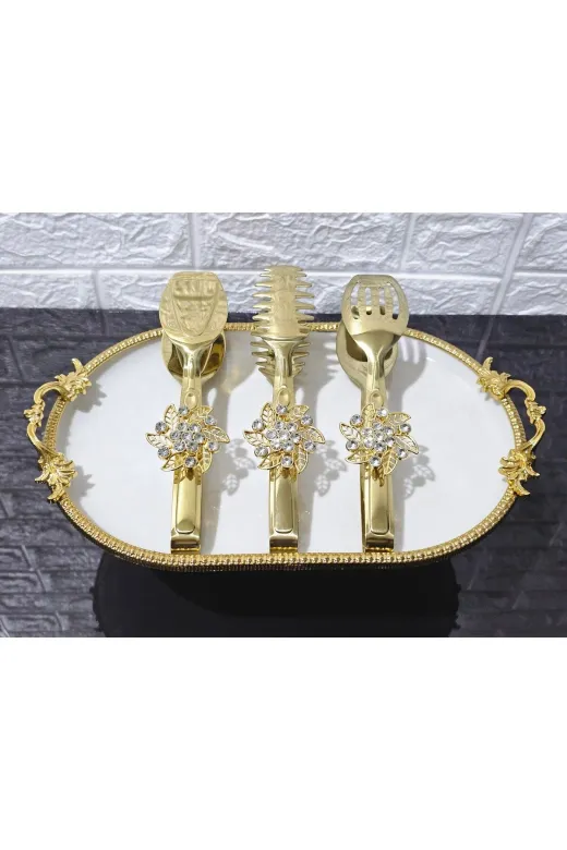 atabey home TYCL8B34MN170125353660002 Gold Servis Maşa Seti 3'lü Gold Kristalize Makarna/pasta/yemek/sunum Maşası Titanyum