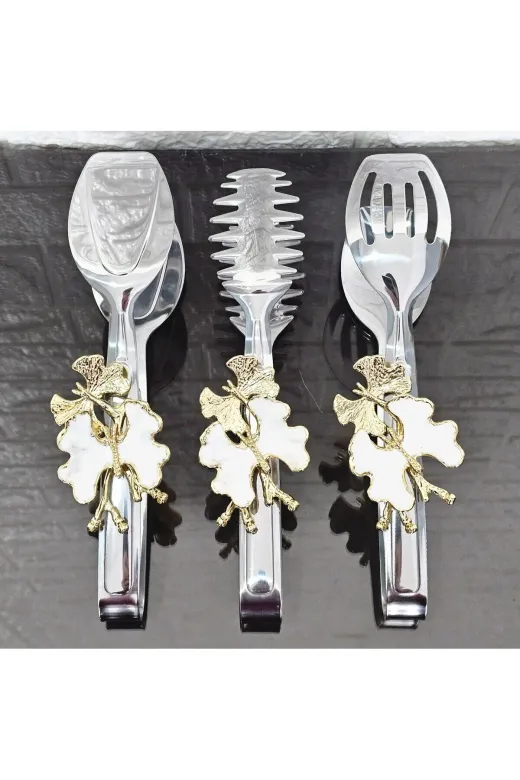 atabey home TYCL8B34MN170125353660002 Gümüş Servis Maşa Seti 3'lü Beyaz Kelebek Makarna/pasta/yemek/sunum Maşası