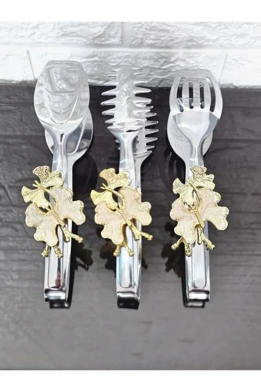 atabey home TYCL8B34MN170125353660002 Gümüş Servis Maşa Seti 3'lü Krem Kelebek Makarna/pasta/yemek/sunum Maşası