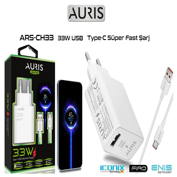 Auris Ars-Ch33 Şarj Başlık Adaptör Ev Usb 33W Turbo Fast Hızlı Şarj Teknolojisi Kısa Devre Korumalı