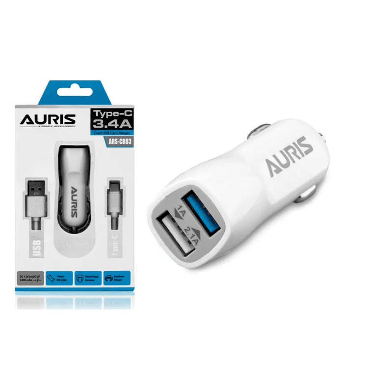 Auris Ars-Cr03 3.1A Hızlı Type-C Kablo 2 Usb Girişli Araç Oto Şarj Başlığı Çakmaklık Typec 3.1 Amper