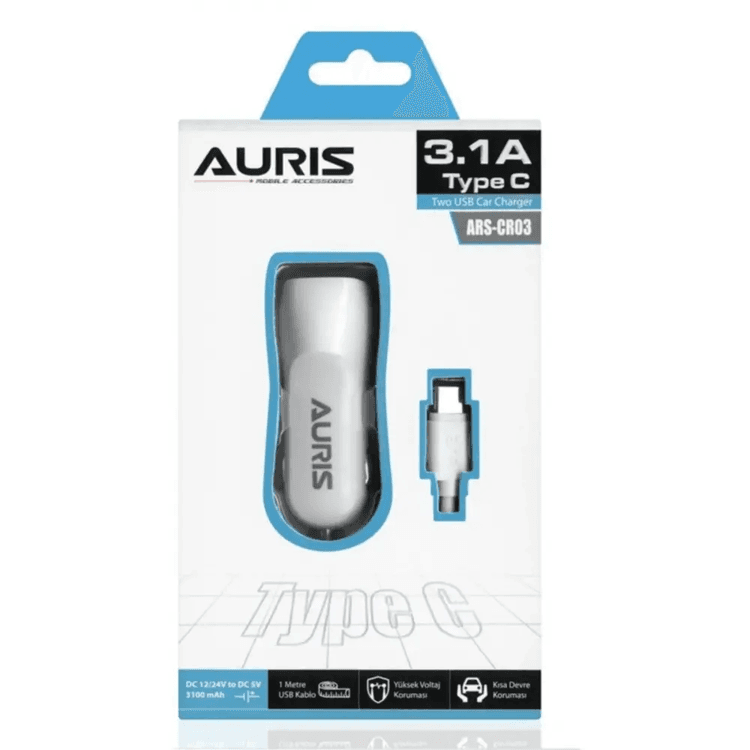 Auris Ars-Cr03 3.1A Hızlı Type-C Kablo 2 Usb Girişli Araç Oto Şarj Başlığı Çakmaklık Typec 3.1 Amper