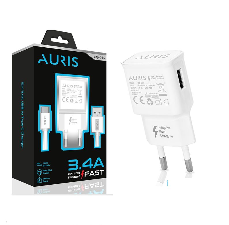 Auris mVXH8e Ars-Ch05 Auria  Ars-Ch05 3.4A 2'si 1 Arada Usb'de  Type-C Fast Şarj Cihazı