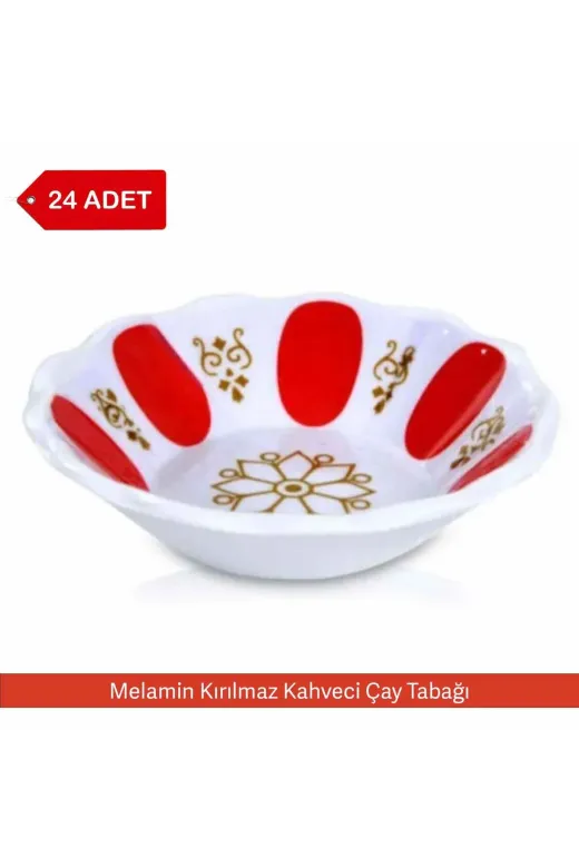 Avangart Mutfak AVK008 24 Adet - Kırılmaz Melamin Kahveci Çay Tabağı 10 Cm Kırmızı, Beyaz Yaldızlı