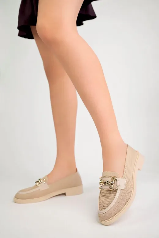 Aymood 23445 Kadın Nude Zincir Tokalı Kalın Taban Pu Deri Günlük Klasik Topuklu Loafer Makosen Ayakkabı F Krem Te