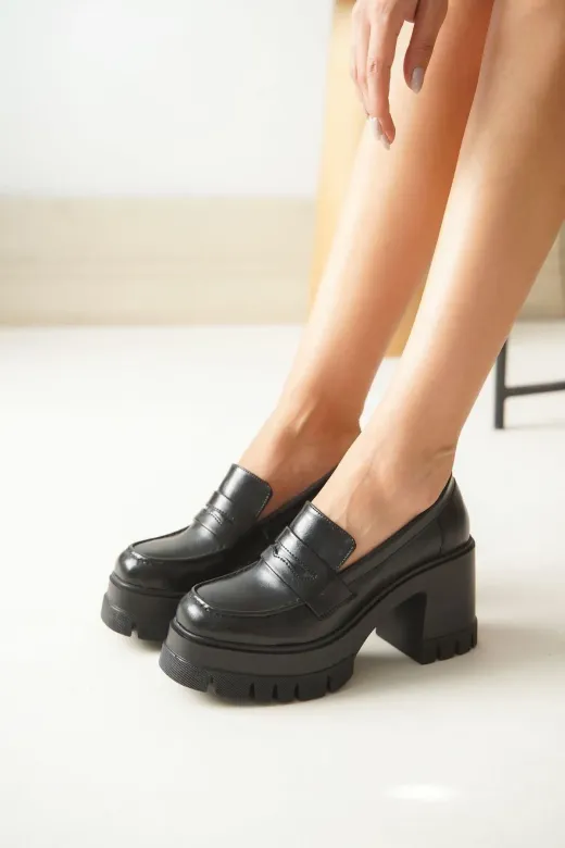 Aymood NVL-506aym Nvl-506 Siyah Günlük Yüksek Topuklu Platform Loafer Kadın Ayakkabı