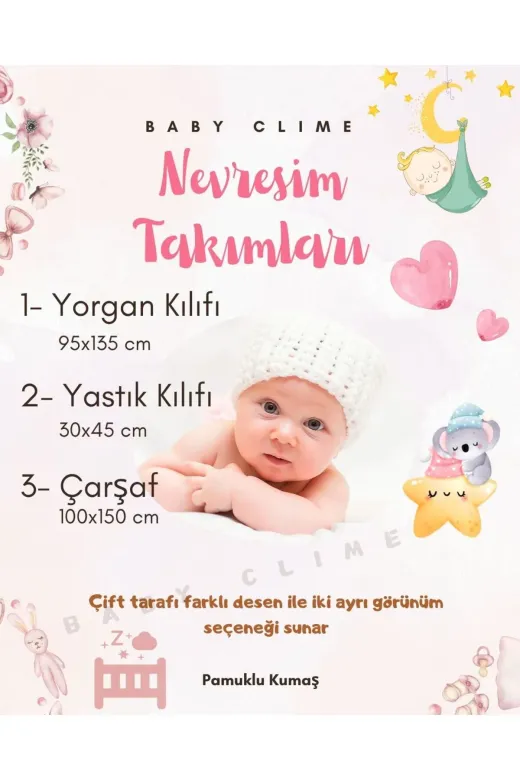 Baby Clime 3P-NT-1. Çift Taraflı Bebek Nevresim Takımı - 95X135 Yorgan Kılıfı, Yastık Kılıfı, Çarşaf