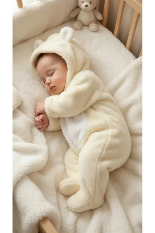Baby Clime AYI TUL-1. 0–12 Ay İsimli Bebek Tulumu – Peluş Ayıcık Kapüşonlu Ayaklı Tulum