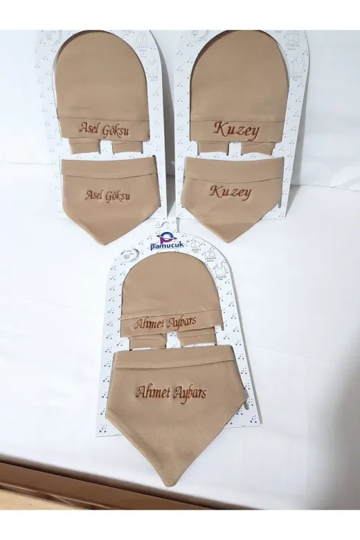Baby Clime BABC-İSİM3LÜBERE Nakışlı Bebek Beresi İsimli Kahverengi Yenidoğan Seti (Eldiven Ve Salya Önlüğü)