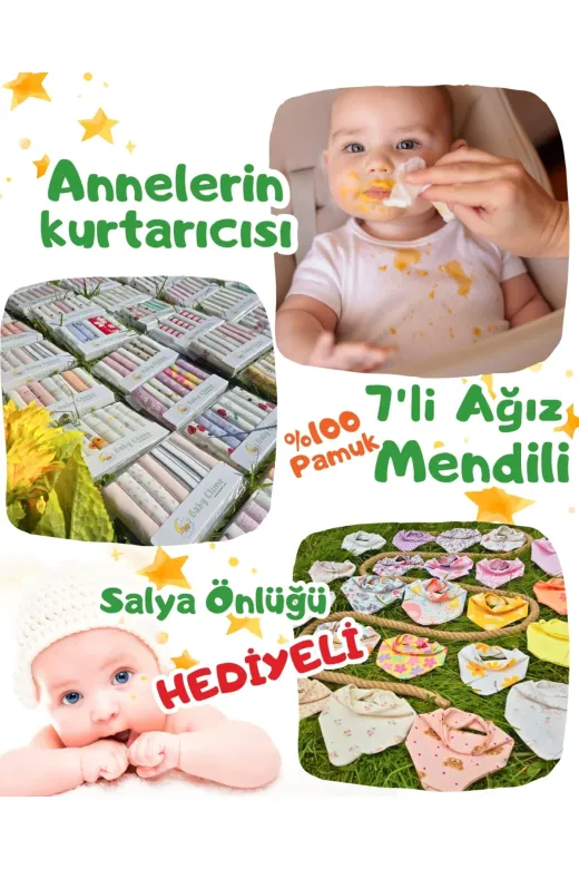 Baby Clime BABC-MÜSAĞBEZ7Lİ Müslin Bebek Ağız Silme Mendili 7'li - %100 Pamuk 22X22 Cm Ağız Bezi Yakamoz Serisi (Ortak Renkler)