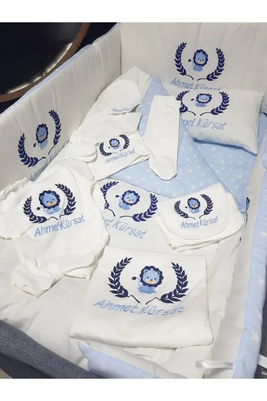 Baby Clime BEYHÇP-10LU-6. Nakış İşlemeli Hastane Çıkışı Erkek Bebek Hediyesi - 10 Parça Yenidoğan Seti