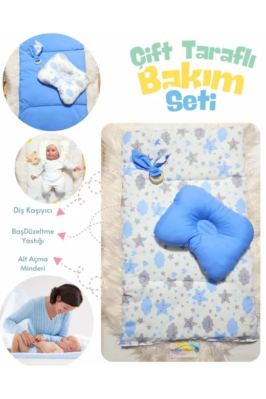 Baby Clime ÇİFT BAKIM-2 Çift Taraflı Bebek Bakım Seti - Alt Açma Minderi, Baş Düzeltme Yastığı Ve Ahşap Diş Kaşıyıcı