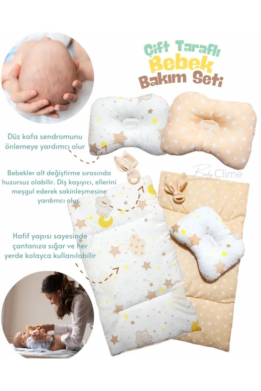 Baby Clime ÇİFT BAKIM-6 Çift Taraflı Bebek Bakım Seti - Alt Açma Minderi, Baş Düzeltme Yastığı Ve Ahşap Diş Kaşıyıcı