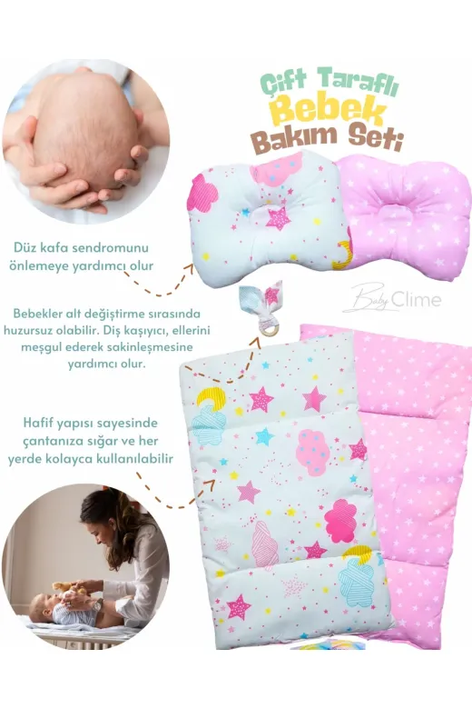 Baby Clime ÇİFT BAKIM-7 Çift Taraflı Bebek Bakım Seti - Alt Açma Minderi, Baş Düzeltme Yastığı Ve Ahşap Diş Kaşıyıcı