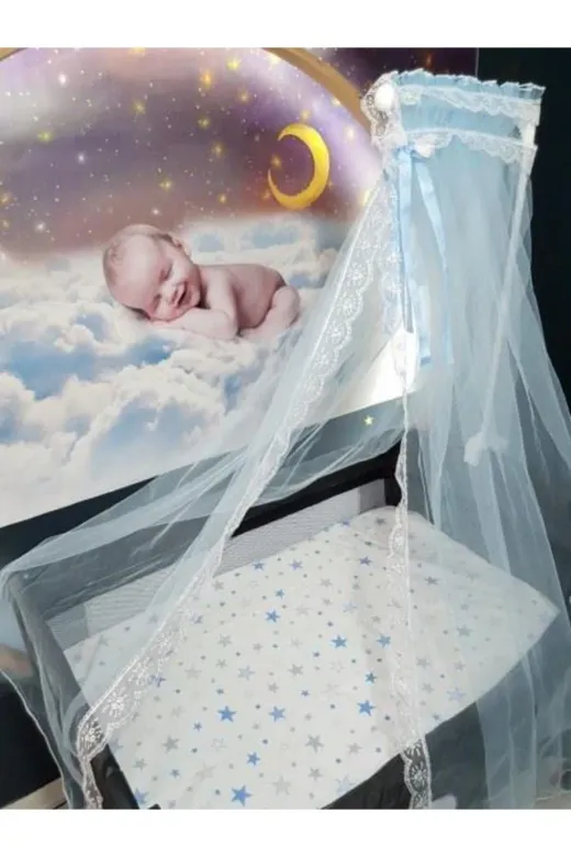 Baby Clime HAYALCİB Bebek Beşiği Cibinlik Takımı - Mavi Güpürlü Hayal Tül (Aparat Dahil)