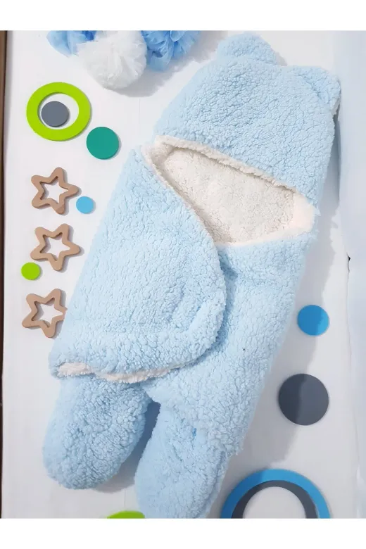 Baby Clime İSİM-DIŞUYKUTULUMU Bebek Dış Kundak Uyku Tulumu Mavi - Pelüş Kapüşonlu Çift Katman Ayaklı Model