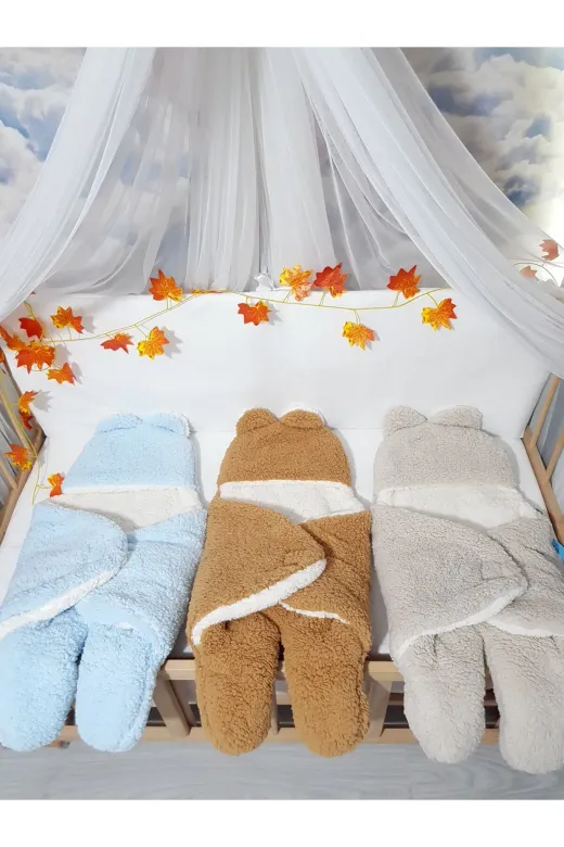 Baby Clime İSİM-DIŞUYKUTULUMU Bebek Dış Kundak Uyku Tulumu Mavi - Pelüş Kapüşonlu Çift Katman Ayaklı Model