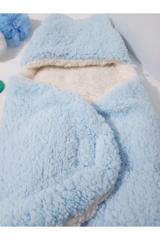 Baby Clime İSİM-DIŞUYKUTULUMU Bebek Dış Kundak Uyku Tulumu Mavi - Pelüş Kapüşonlu Çift Katman Ayaklı Model