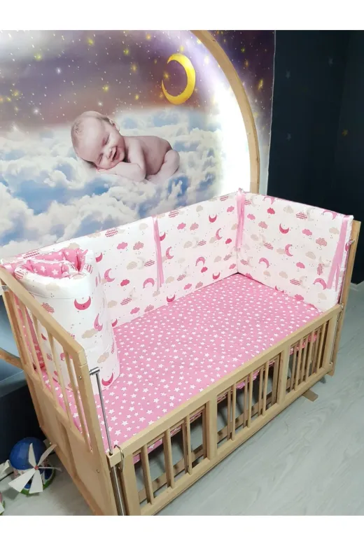 Baby Clime KOR-60120-1. 60X120 Beşik Kenar Korumalık 4 Parça - Pembe Ay Yıldız Desen (Çarşaf Hariç)