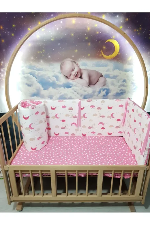 Baby Clime KOR-60120-1. 60X120 Beşik Kenar Korumalık 4 Parça - Pembe Ay Yıldız Desen (Çarşaf Hariç)
