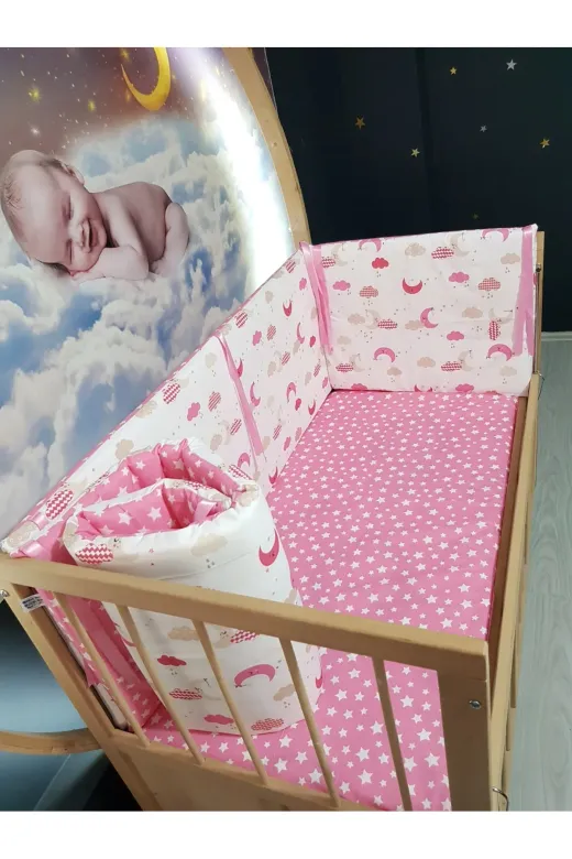 Baby Clime KOR-60120-1. 60X120 Beşik Kenar Korumalık 4 Parça - Pembe Ay Yıldız Desen (Çarşaf Hariç)