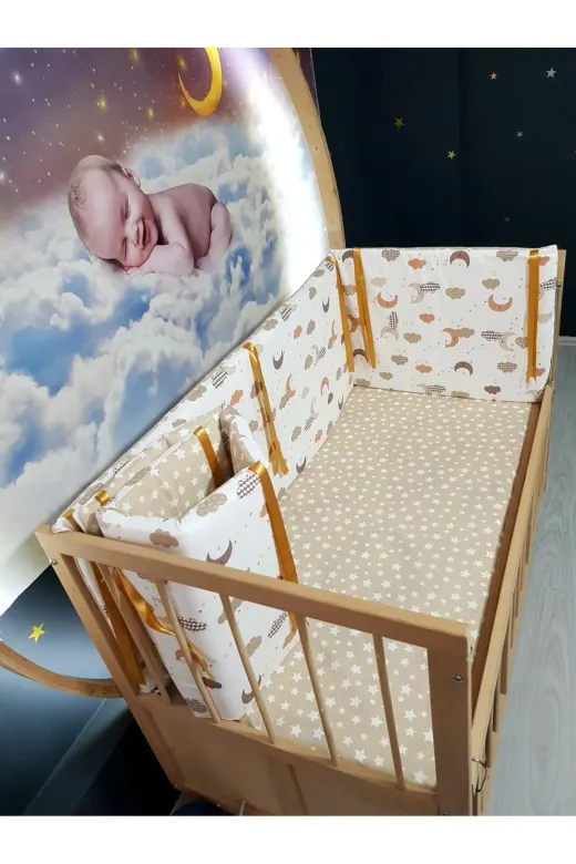 Baby Clime KOR-60120-1. 60X120 Beşik Kenar Korumalık 4 Parça - Kahverengi Ay Yıldız Desen (Çarşaf Hariç)