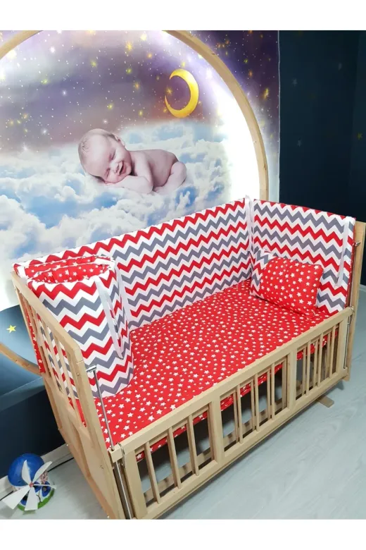 Baby Clime KOR-70130-1. 70X130 Beşik Kenar Korumalık 4 Parça - Kırmızı Zigzag Yıldız Desen (Çarşaf Hariç)