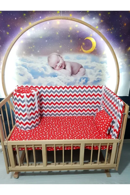 Baby Clime KOR-70130-1. 70X130 Beşik Kenar Korumalık 4 Parça - Kırmızı Zigzag Yıldız Desen (Çarşaf Hariç)