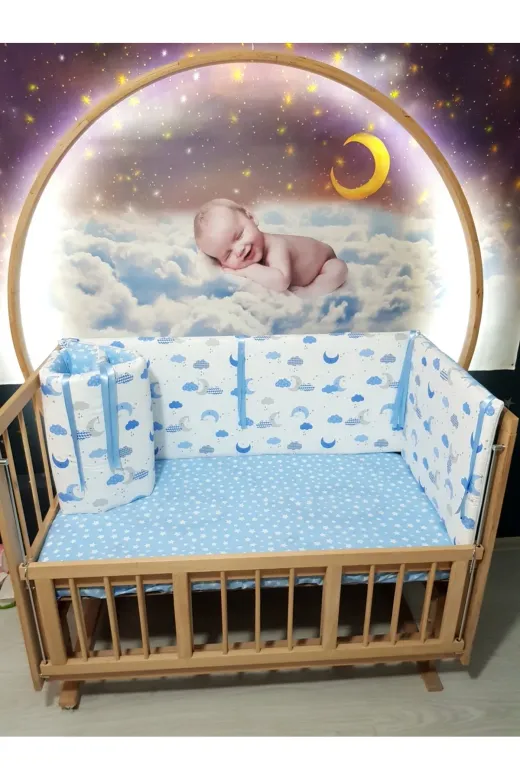 Baby Clime KOR-70130-1. 70X130 Beşik Kenar Korumalık 4 Parça - Mavi Ay Yıldız Desen (Çarşaf Hariç)