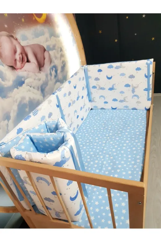 Baby Clime KOR-70130-1. 70X130 Beşik Kenar Korumalık 4 Parça - Mavi Ay Yıldız Desen (Çarşaf Hariç)