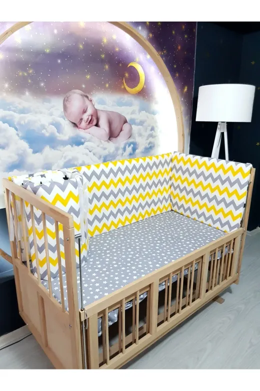 Baby Clime KOR-70130-1. 70X130 Beşik Kenar Korumalık 4 Parça - Gri Sarı Zigzag Yıldız Desen (Çarşaf Hariç)