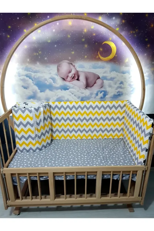 Baby Clime KOR-70130-1. 70X130 Beşik Kenar Korumalık 4 Parça - Gri Sarı Zigzag Yıldız Desen (Çarşaf Hariç)