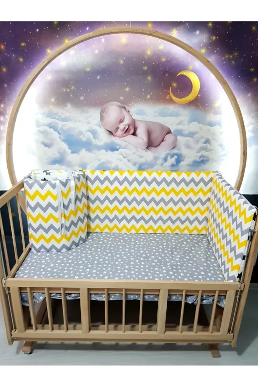 Baby Clime KOR-70130-1. 70X130 Beşik Kenar Korumalık 4 Parça - Gri Sarı Zigzag Yıldız Desen (Çarşaf Hariç)