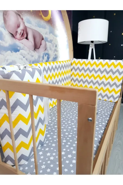 Baby Clime KOR-70130-1. 70X130 Beşik Kenar Korumalık 4 Parça - Gri Sarı Zigzag Yıldız Desen (Çarşaf Hariç)