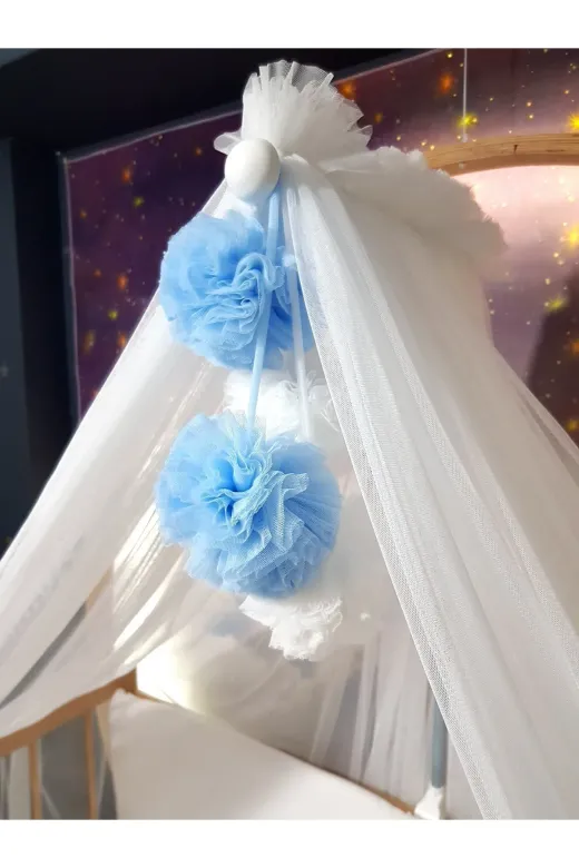 Baby Clime LÜKSCİB-BEYAZ Bebek Lüks Cibinlik Takımı - Beyaz Ve Mavi Dört Ponponlu - 6 Metre Likra Tül (Aparat Dahil)