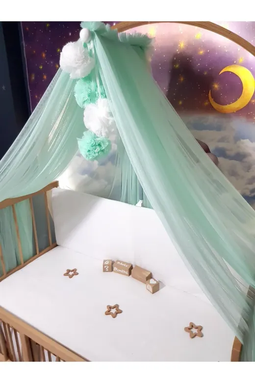 Baby Clime LÜKSCİB-RENK Bebek Lüks Cibinlik Takımı - Su Yeşili Ve Beyaz Dört Ponponlu - 6 Metre Likra Tül (Aparat Dahil)