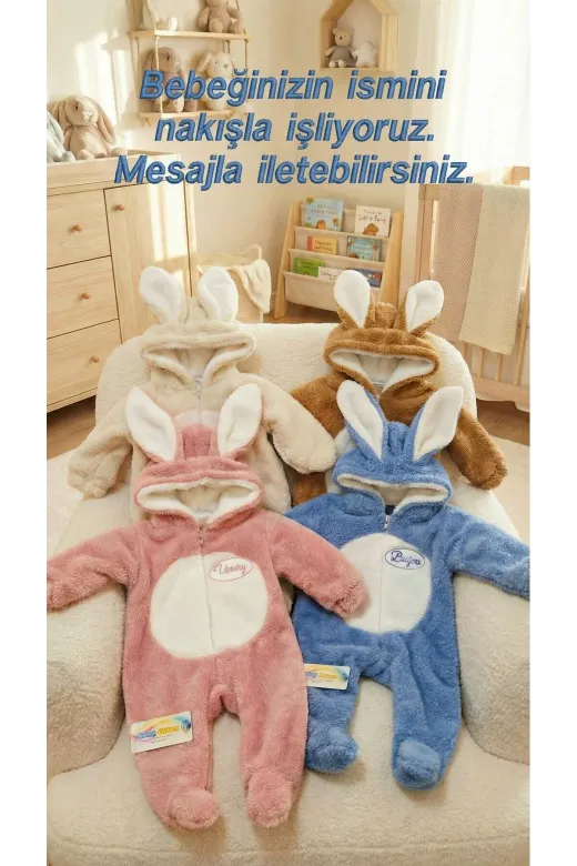 Baby Clime TAV TUL-1. 0–12 Ay Kışlık Bebek Tulumu – İsimli Welsoft Kapüşonlu Tavşan Kulaklı Patikli