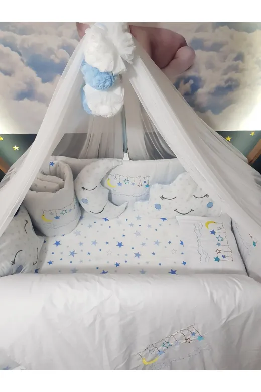 Baby Clime USN-70110-LCİB-3. 70X110 Nakışlı Isimli Bebek Uyku Seti 18 Parça - Lüks Cibinlik Ve Aparat - Ay Yıldız