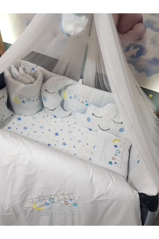 Baby Clime USN-70110-LCİB-3. 70X110 Nakışlı Isimli Bebek Uyku Seti 18 Parça - Lüks Cibinlik Ve Aparat - Ay Yıldız
