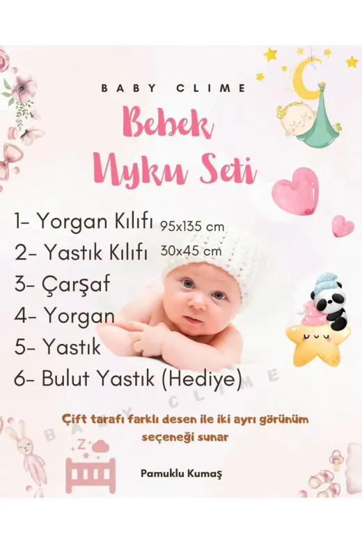 Baby Clime USR-6-90130-1. Erkek Bebek Uyku Seti - Çift Taraflı 95X135 Yorgan, Yastık, Çarşaf, Hediye Bulut Yastık