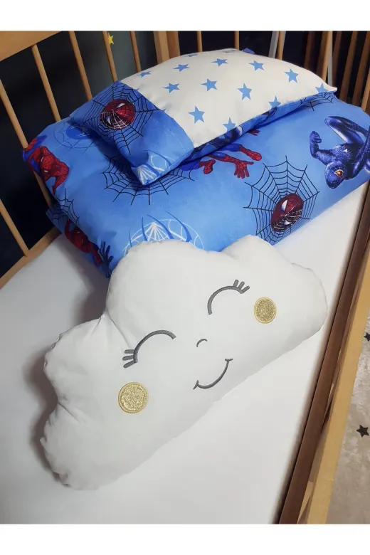 Baby Clime USR-6-90130-1. Erkek Bebek Uyku Seti - Çift Taraflı 95X135 Yorgan, Yastık, Çarşaf, Hediye Bulut Yastık