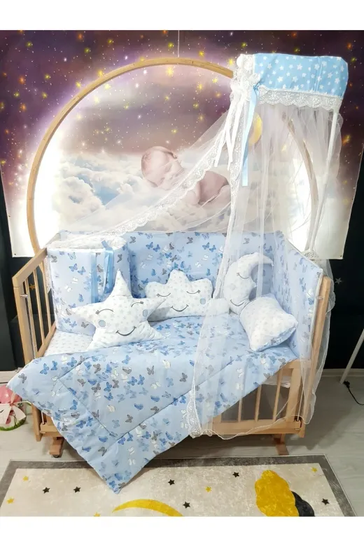 Baby Clime USR-60120-CİB-1. 60X120 Bebek Uyku Seti - Cibinlik Ve Aparat - Mavi Kelebek Yıldız Desen