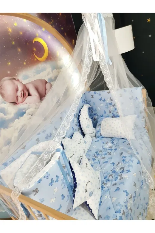 Baby Clime USR-60120-CİB-1. 60X120 Bebek Uyku Seti - Cibinlik Ve Aparat - Mavi Kelebek Yıldız Desen