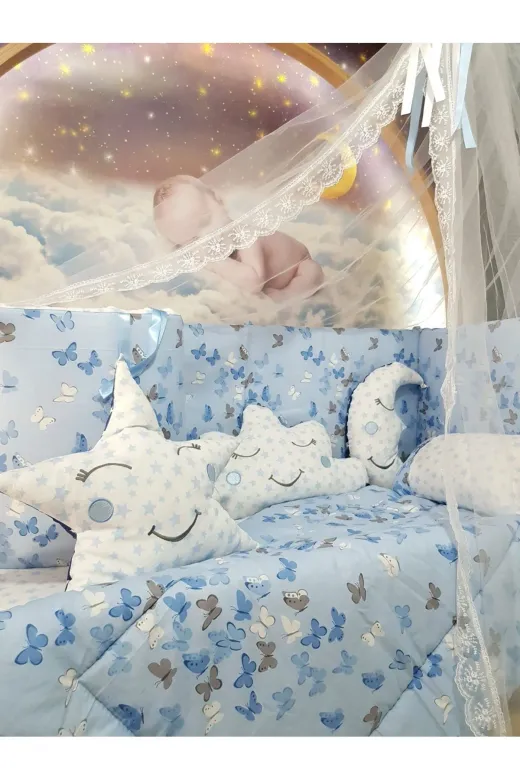 Baby Clime USR-60120-CİB-1. 60X120 Bebek Uyku Seti - Cibinlik Ve Aparat - Mavi Kelebek Yıldız Desen